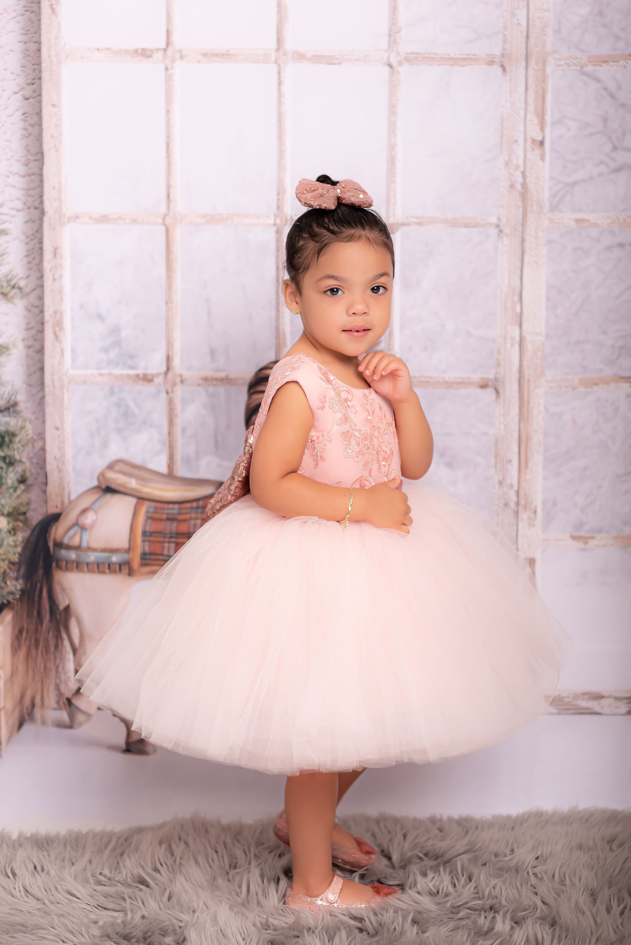 rose gold newborn dress Baby girl dress. Pink gold. Sparkle gold lace. For special occasion, high low, princess gown, couture gown